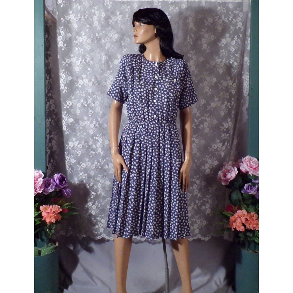 Vintage 80s Blue Floral Dress Size Medium 1980s Retro Orvis Cottagecore Praire